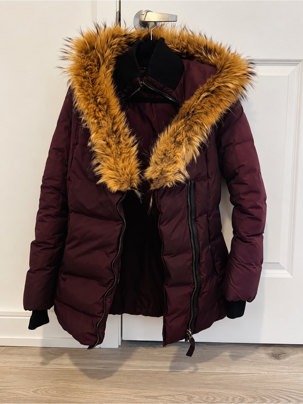 Mackage Maroon Puffer Jacket with Faux Fur Hood